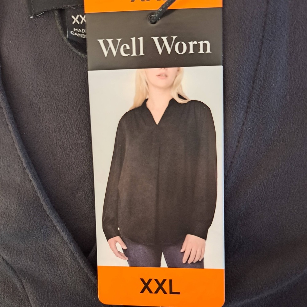 Well Worn Blouse Womens XXL Black New Long Sleeve V-Neck Sueded 899-255-B8